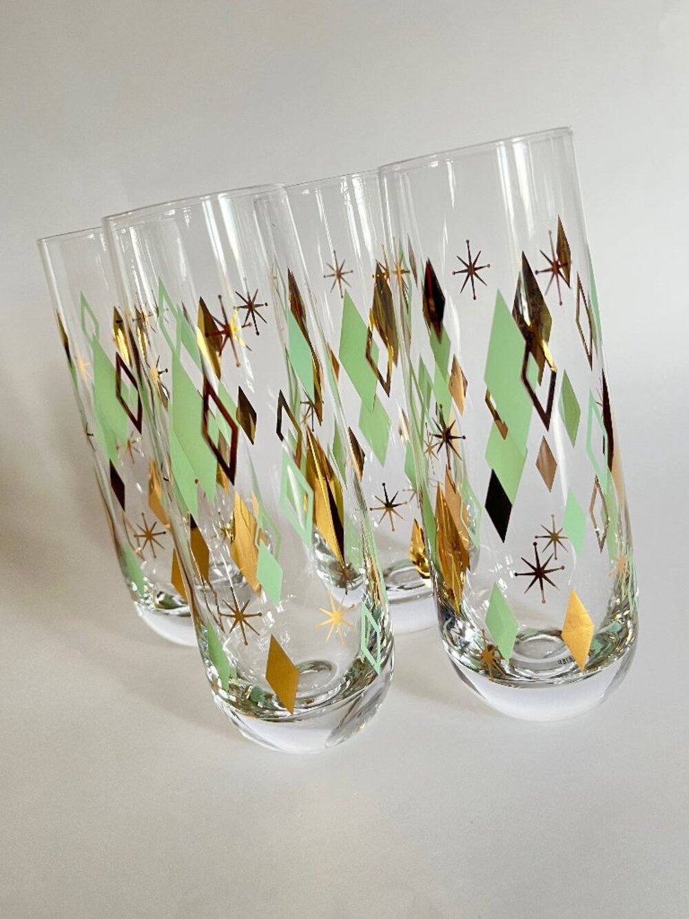 4 World Market Pop Party Retro Stemless Champagne Glass Flutes Teal Gold Atomic